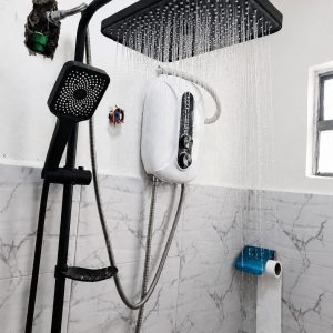 5.5KW black and white digital instant shower with square rainfall showerhead in Kenya