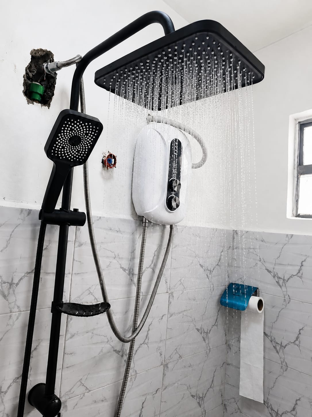 5.5KW black and white digital instant shower with square rainfall showerhead in Kenya
